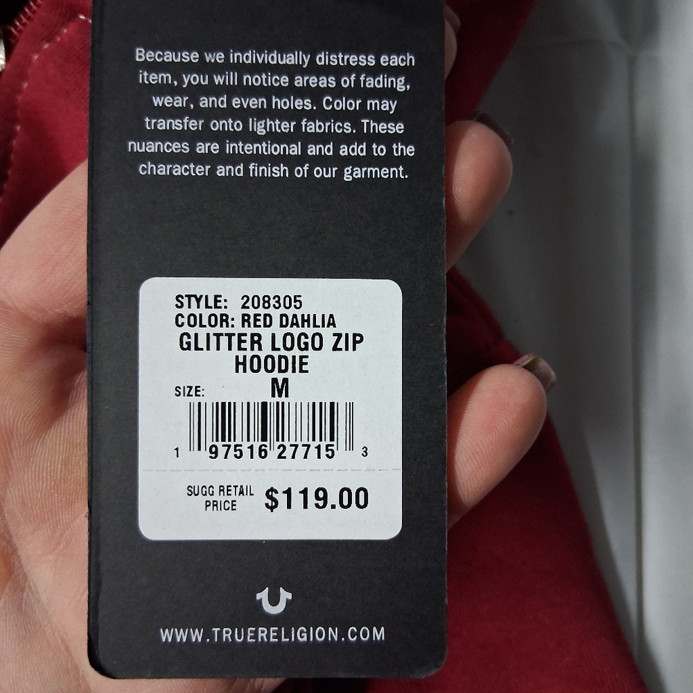 True Religion Red Dahlia Glitter Logo Zip Hoodie